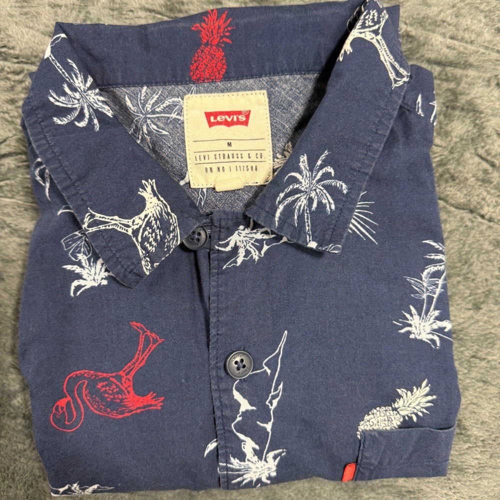 Levis‎ Tropical Flamingo Pineapple Button Up Shirt Mens Medium Navy Blue